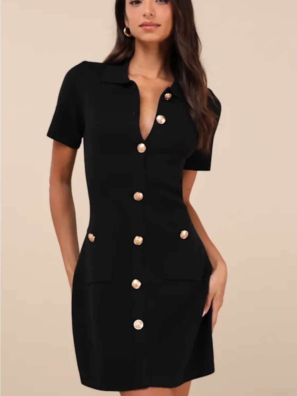 Lulu's Black Knit Dress with Gold Medallion Buttons